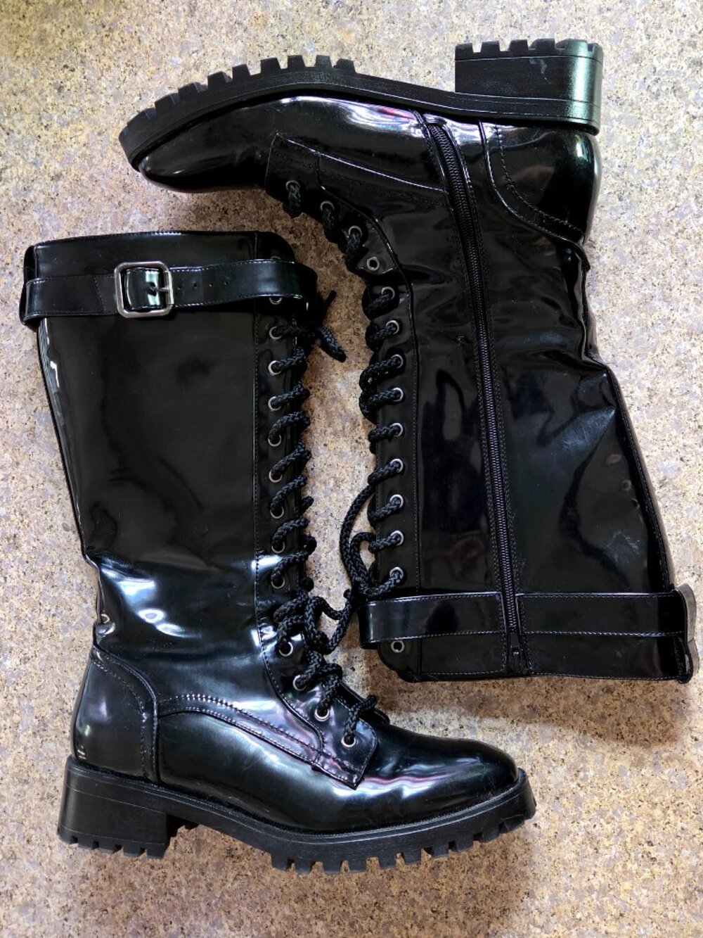 JustFab Black Patent (Veggie) Leather Dandridge Zip & Lace Up Boots